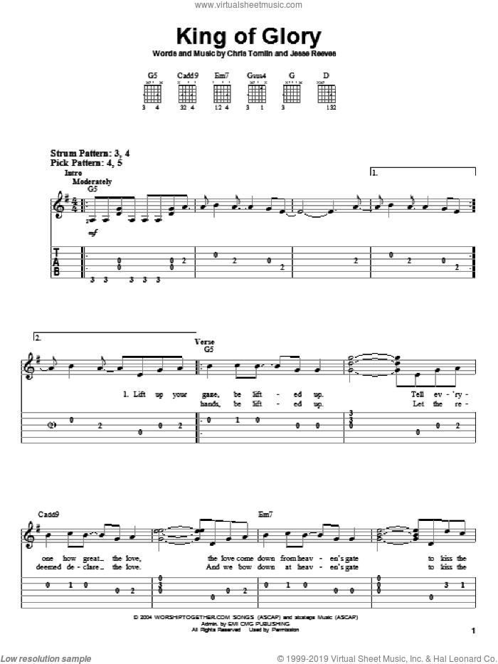 King Of Glory sheet music for guitar solo (easy tablature) by Chris Tomlin and Jesse Reeves, easy guitar (easy tablature)