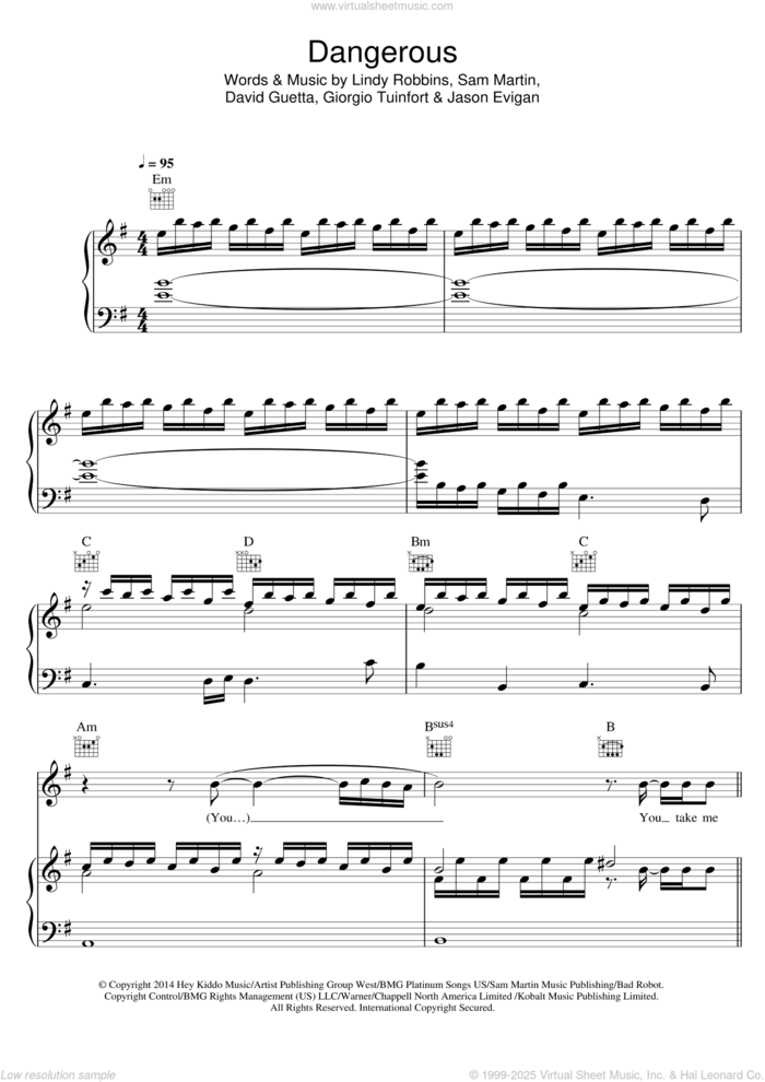 Dangerous (feat. Sam Martin) sheet music for voice, piano or guitar by David Guetta, Giorgio Tuinfort, Jason Evigan, Lindy Robbins and Sam Martin, intermediate skill level