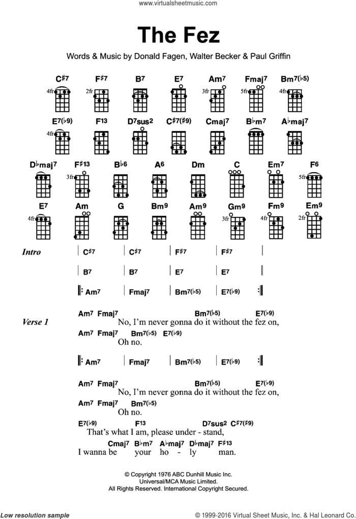 The Fez sheet music for ukulele by Steely Dan, Donald Fagen, Paul Griffin and Walter Becker, intermediate skill level