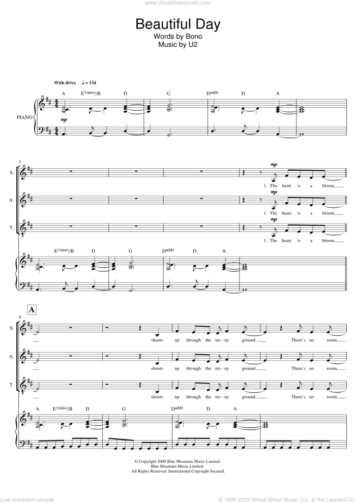 Beautiful Day sheet music for voice, piano or guitar by U2, Mark De-Lisser and Bono, intermediate skill level