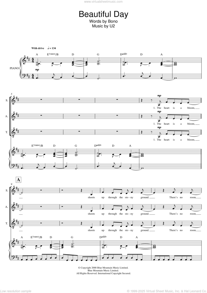 Beautiful Day sheet music for voice, piano or guitar by U2, Mark De-Lisser and Bono, intermediate skill level