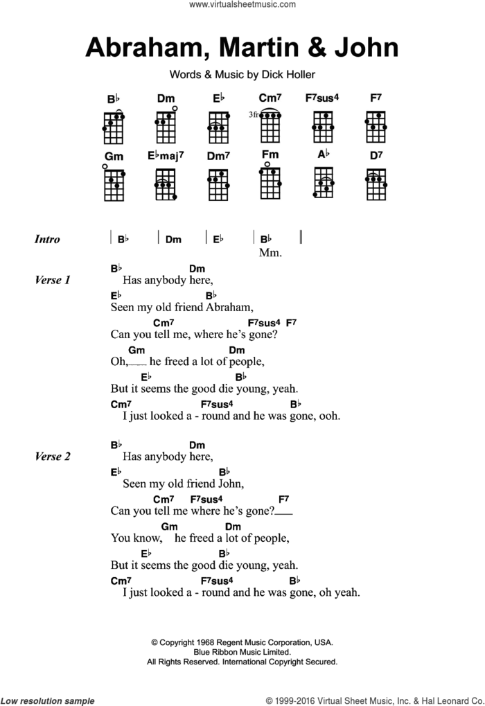 Abraham, Martin and John sheet music for ukulele by Marvin Gaye and Dick Holler, intermediate skill level