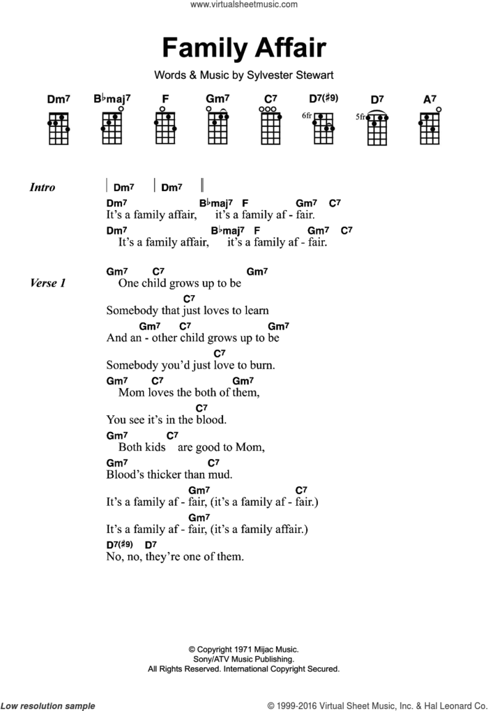 Family Affair sheet music for ukulele by Sly & The Family Stone and Sylvester Stewart, intermediate skill level