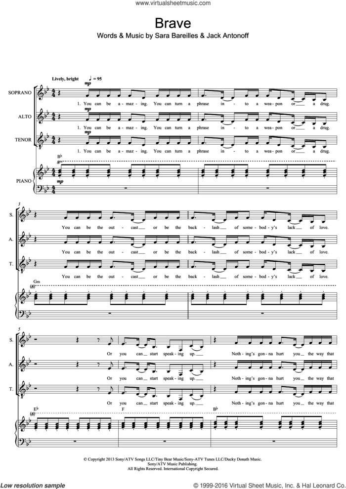 Brave sheet music for voice, piano or guitar by Sara Bareilles, Mark De-Lisser and Jack Antonoff, intermediate skill level
