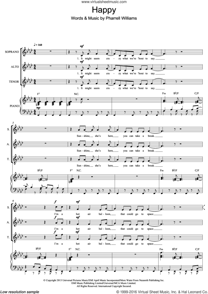 Happy sheet music for voice, piano or guitar by Pharrell Williams and Mark De-Lisser, intermediate skill level