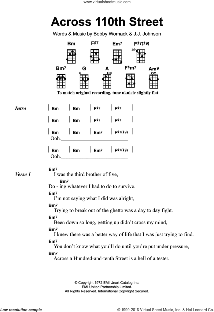 Across 110th Street sheet music for ukulele by Bobby Womack and JJ Johnson, intermediate skill level