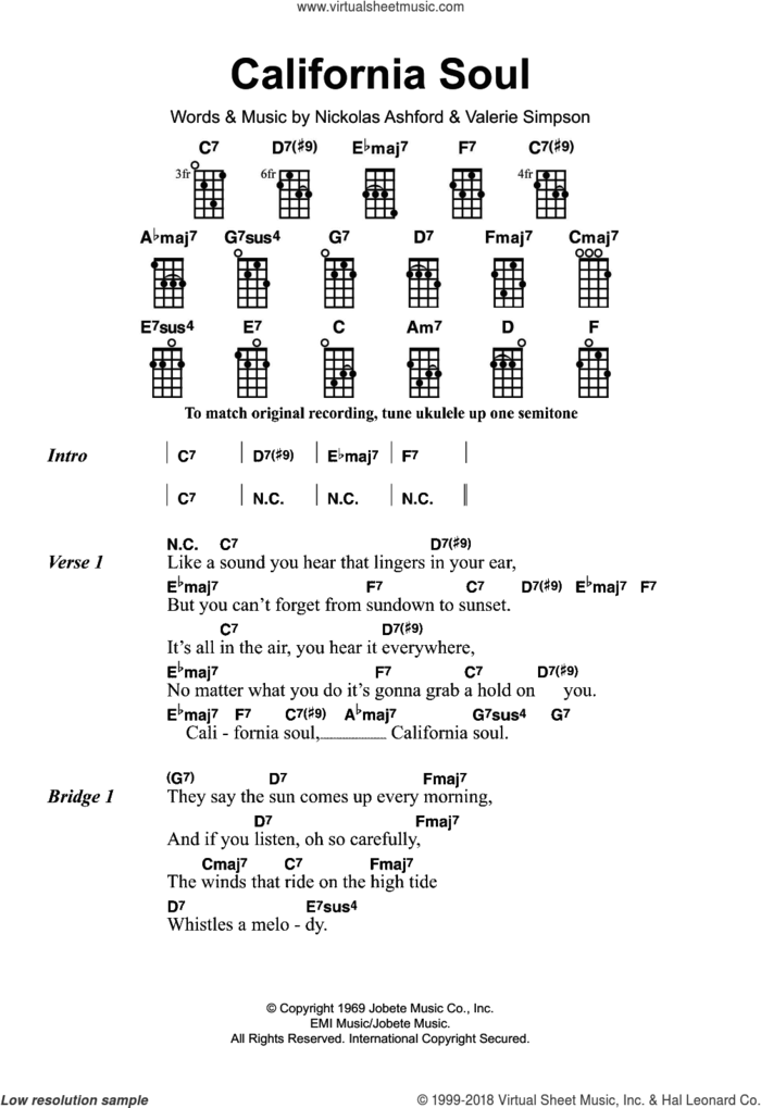 California Soul sheet music for ukulele by Marlena Shaw, Nickolas Ashford and Valerie Simpson, intermediate skill level