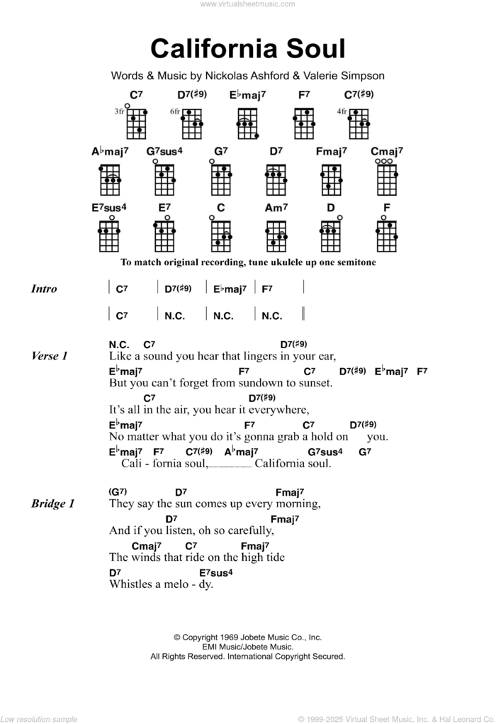 California Soul sheet music for ukulele by Marlena Shaw, Nickolas Ashford and Valerie Simpson, intermediate skill level