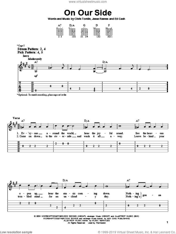 On Our Side sheet music for guitar solo (easy tablature) by Chris Tomlin, Ed Cash and Jesse Reeves, easy guitar (easy tablature)