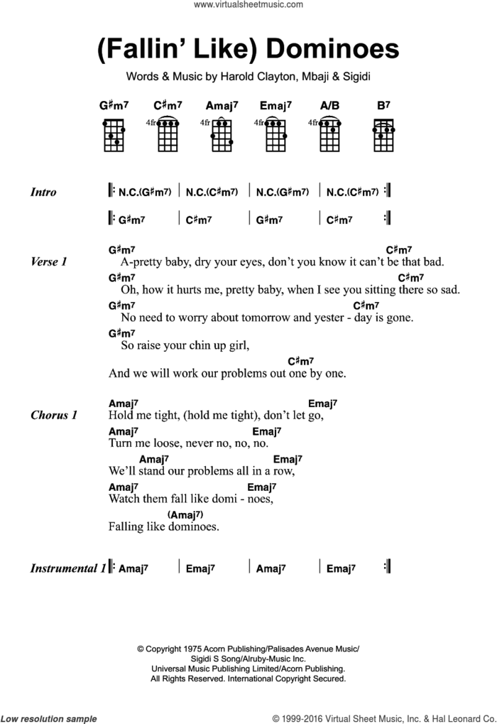 (Fallin' Like) Dominoes sheet music for ukulele by Donald Byrd, Harold Clayton, Mbaji and Sigidi, intermediate skill level