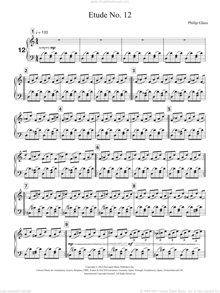 Etude No. 12 sheet music for piano solo by Philip Glass, classical score, intermediate skill level