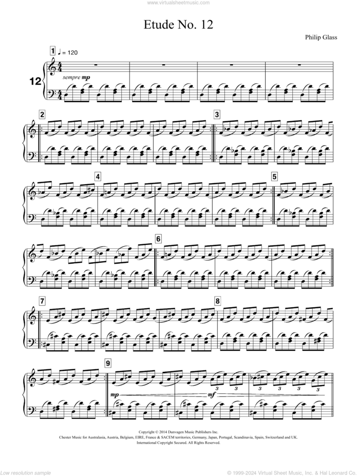 Etude No. 12 sheet music for piano solo by Philip Glass, classical score, intermediate skill level