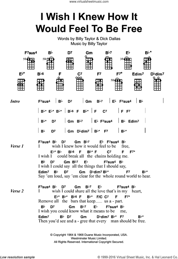 I Wish I Knew How It Would Feel To Be Free sheet music for ukulele by Billy Taylor, Nina Simone and Dick Dallas, intermediate skill level