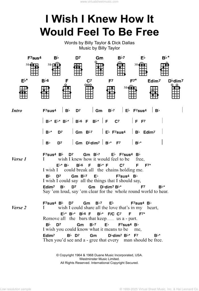 I Wish I Knew How It Would Feel To Be Free sheet music for ukulele by Billy Taylor, Nina Simone and Dick Dallas, intermediate skill level