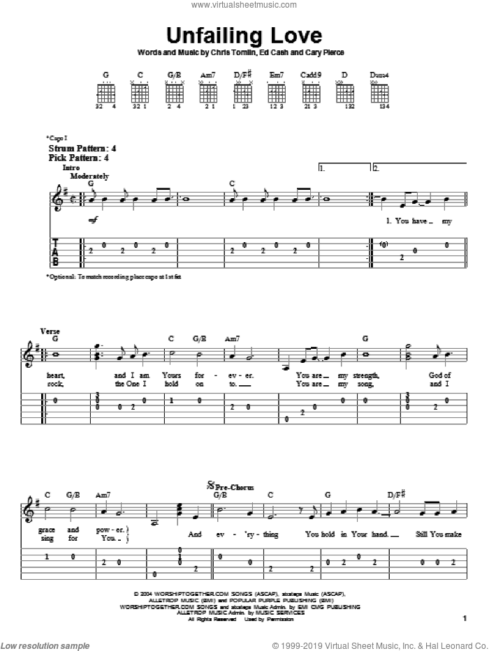 Unfailing Love sheet music for guitar solo (easy tablature) by Chris Tomlin, Cary Pierce and Ed Cash, easy guitar (easy tablature)