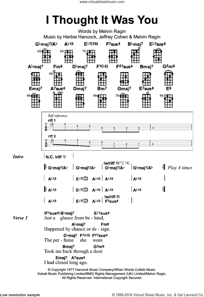 I Thought It Was You sheet music for ukulele by Herbie Hancock, Jeffrey Cohen and Melvin Ragin, intermediate skill level