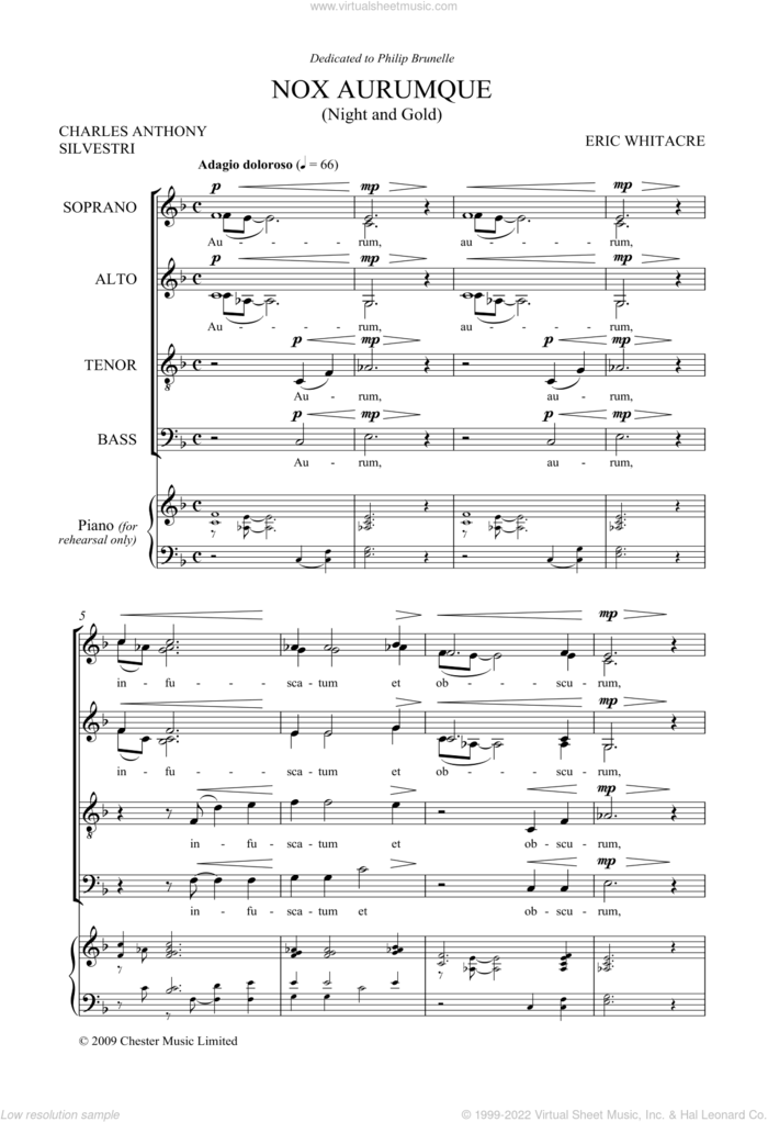 Nox Aurumque (Night and Gold) sheet music for choir (SATB: soprano, alto, tenor, bass) by Eric Whitacre, Charles Anthony Silvestri and Tony Silvestri, classical score, intermediate skill level
