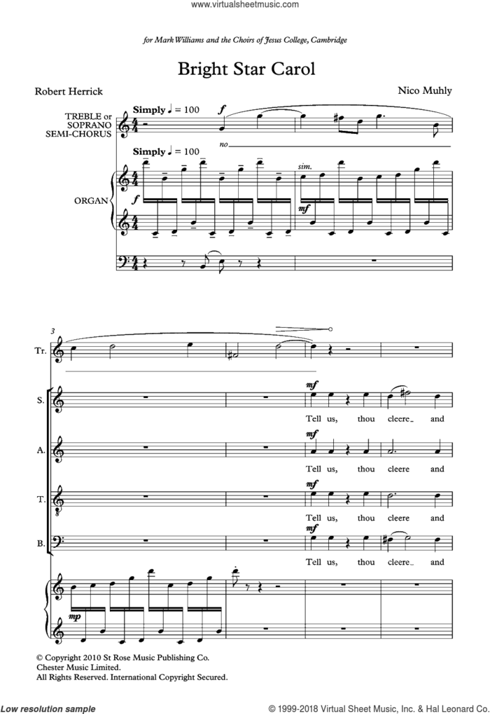 Bright Star Carol sheet music for choir by Nico Muhly and Robert Herrick, classical score, intermediate skill level