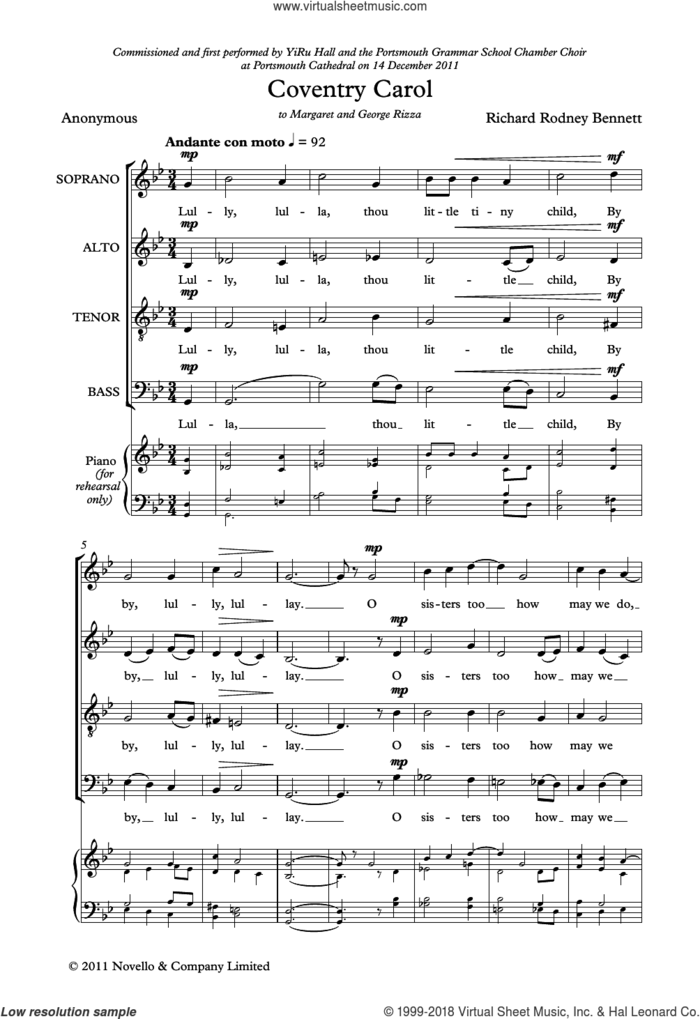 Coventry Carol sheet music for choir (SATB: soprano, alto, tenor, bass) by Richard Bennett and Anon, classical score, intermediate skill level