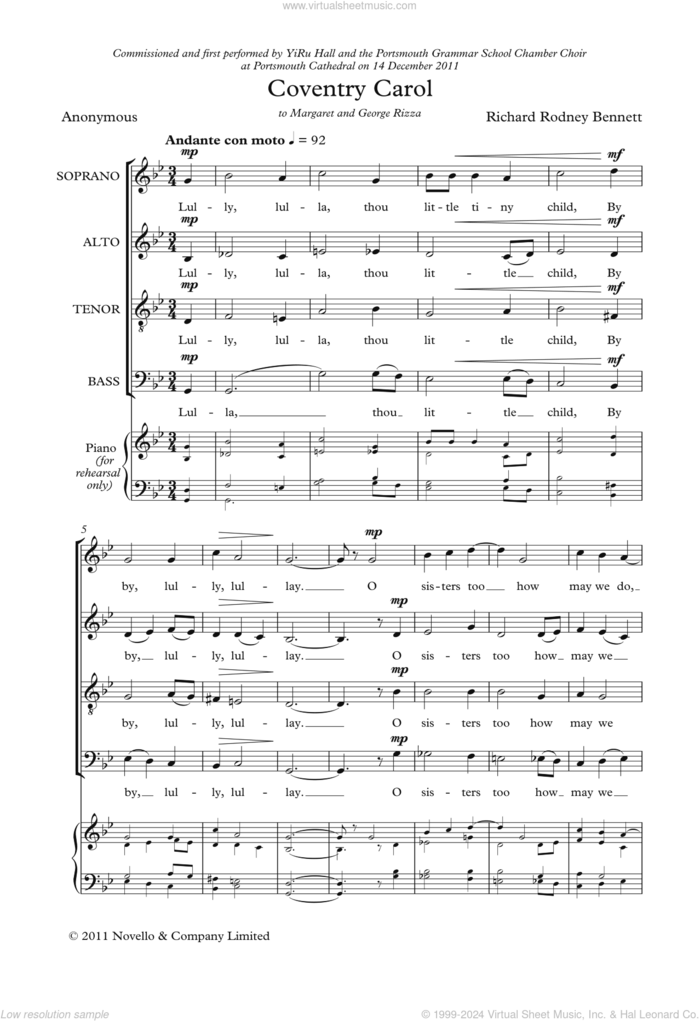 Coventry Carol sheet music for choir (SATB: soprano, alto, tenor, bass) by Richard Bennett and Anon, classical score, intermediate skill level