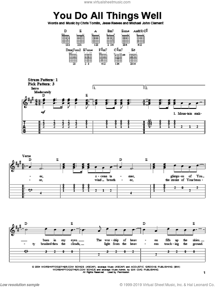 You Do All Things Well sheet music for guitar solo (easy tablature) by Chris Tomlin, Jesse Reeves and Michael John CLement, easy guitar (easy tablature)