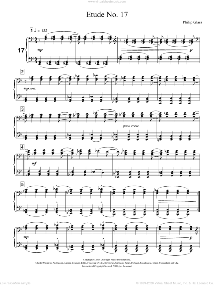 Etude No. 17 sheet music for piano solo by Philip Glass, classical score, intermediate skill level