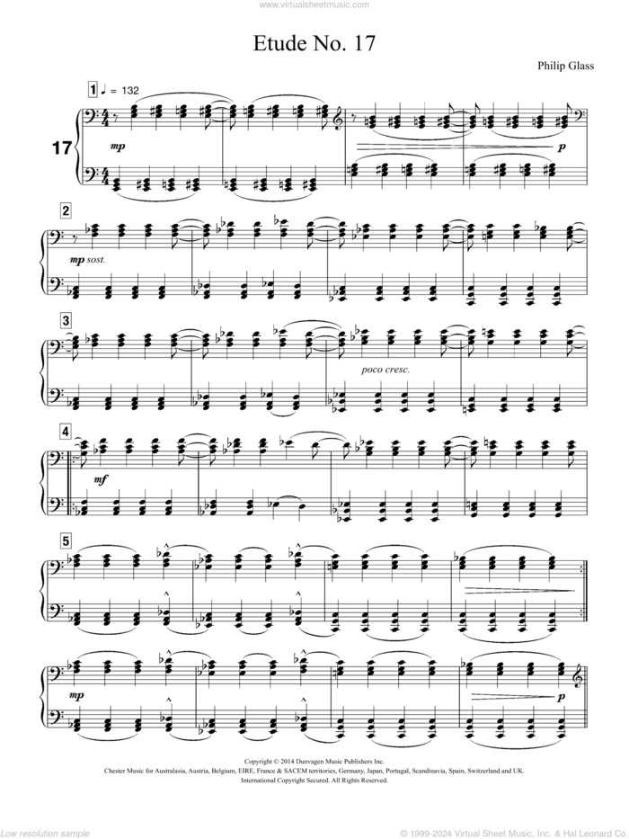 Etude No. 17 sheet music for piano solo by Philip Glass, classical score, intermediate skill level