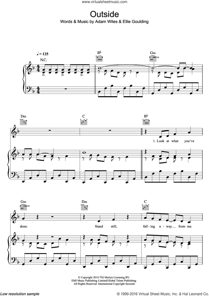 Outside (feat. Ellie Goulding) sheet music for voice, piano or guitar by Calvin Harris, Calvin Harris feat. Ellie Goulding, Adam Wiles and Ellie Goulding, intermediate skill level