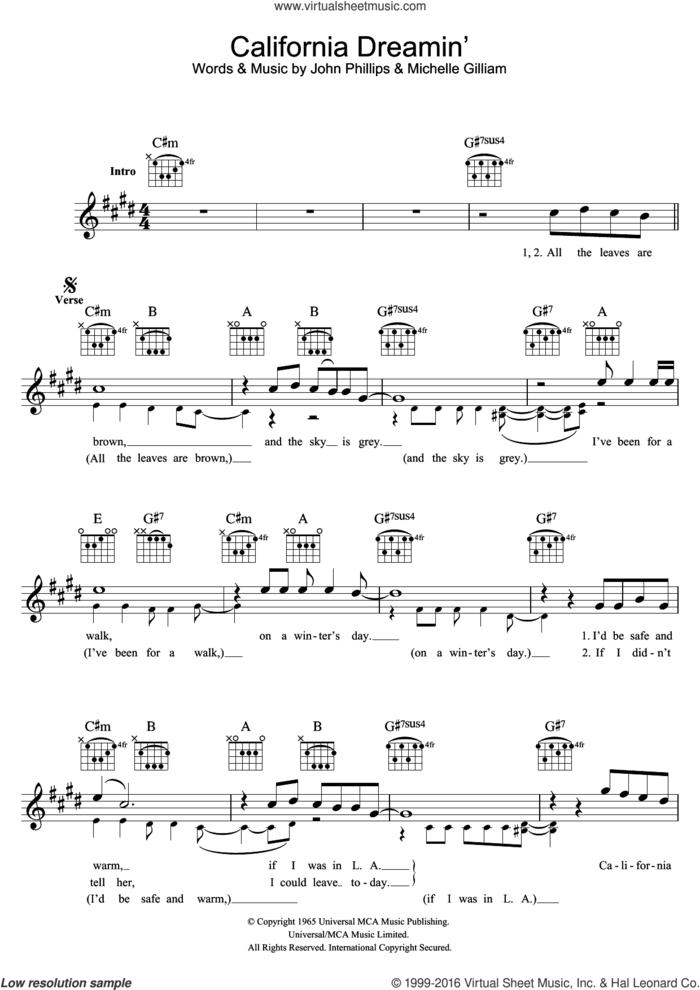 California Dreamin' sheet music for voice and other instruments (fake book) by The Mamas & The Papas, The Mamas And Papas, John Phillips and Michelle Gilliam, intermediate skill level
