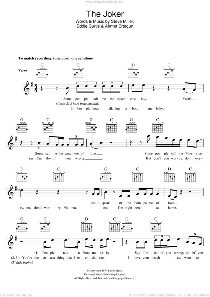 The Joker sheet music for voice and other instruments (fake book) by The Steve Miller Band, Ahmet Ertegun, Eddie Curtis and Steve Miller, intermediate skill level