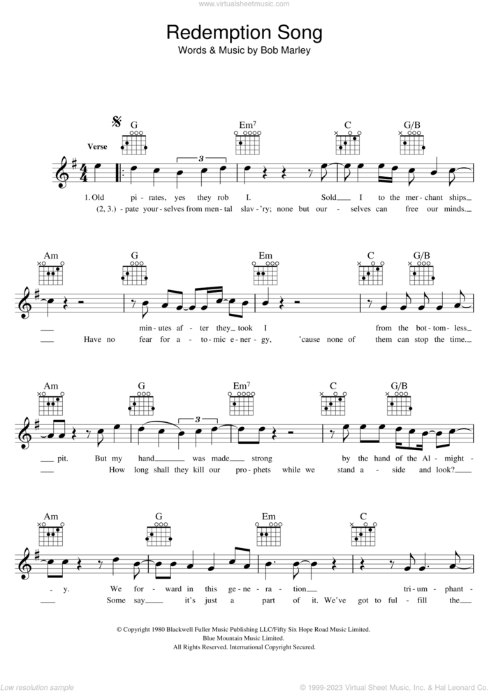 Redemption Song sheet music for voice and other instruments (fake book) by Bob Marley, intermediate skill level