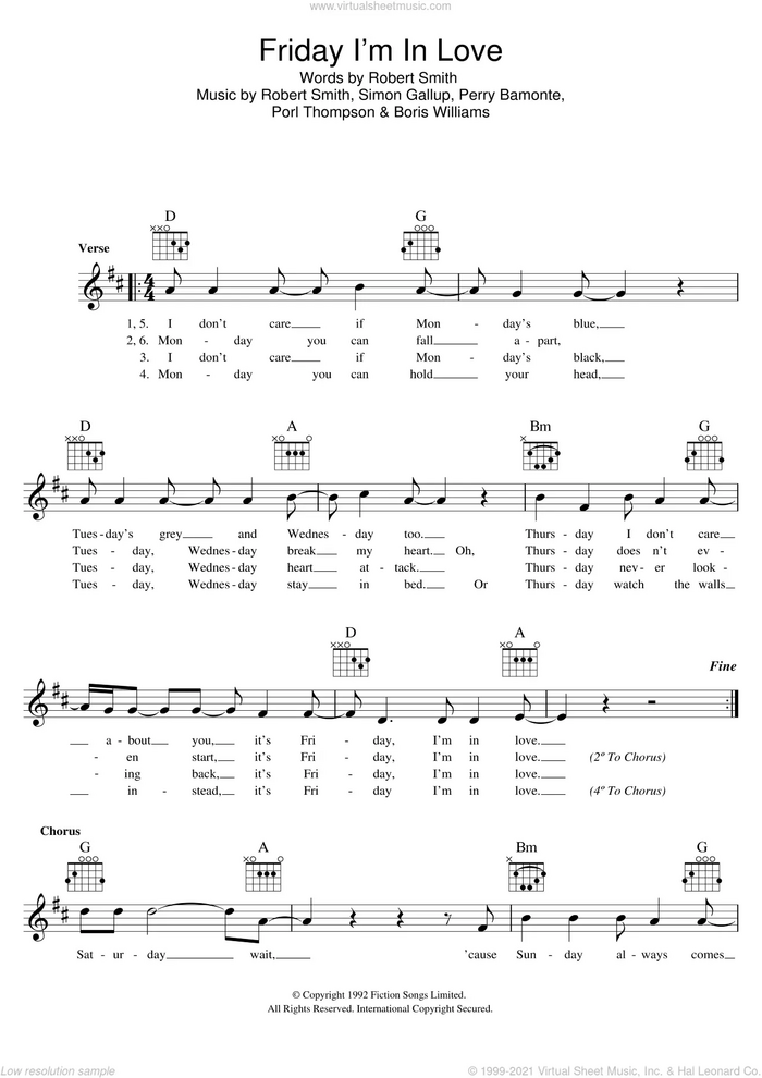 Friday I'm In Love sheet music for voice and other instruments (fake book) by The Cure, Boris Williams, Perry Bamonte, Porl Thompson, Robert Smith and Simon Gallup, intermediate skill level