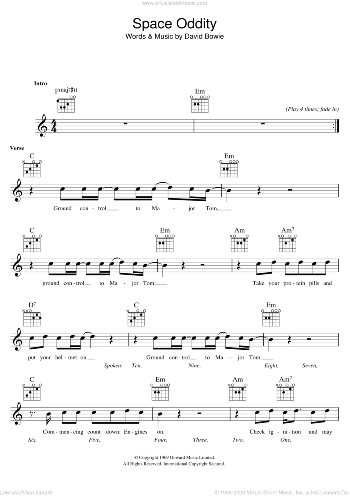 Space Oddity sheet music for voice and other instruments (fake book) by David Bowie, intermediate skill level