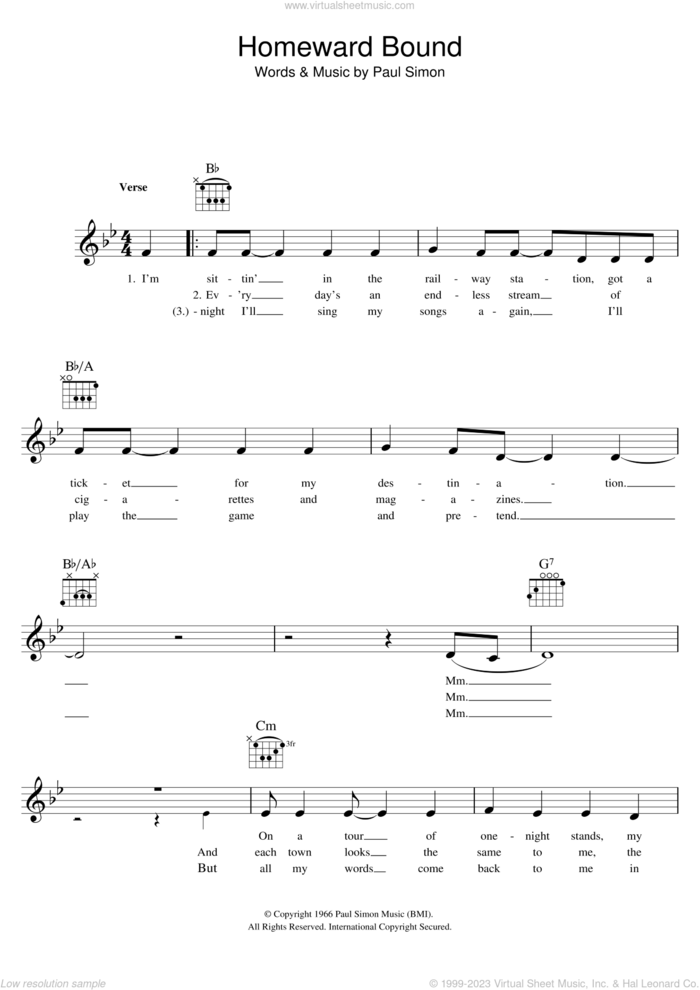 Homeward Bound sheet music for voice and other instruments (fake book) by Simon & Garfunkel and Paul Simon, intermediate skill level