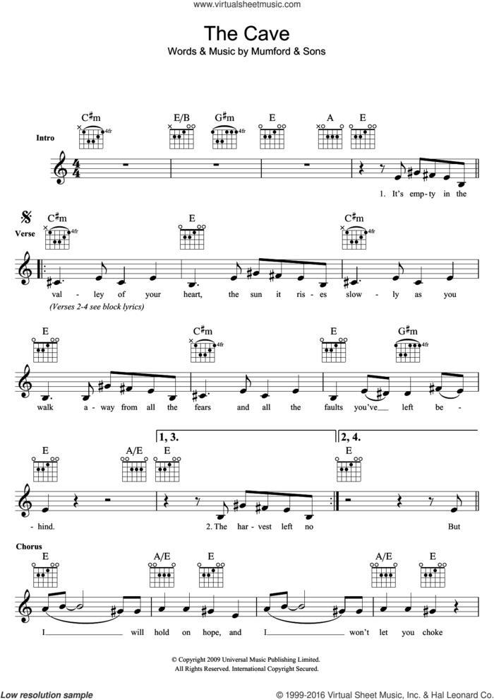 The Cave sheet music for voice and other instruments (fake book) by Mumford & Sons, intermediate skill level
