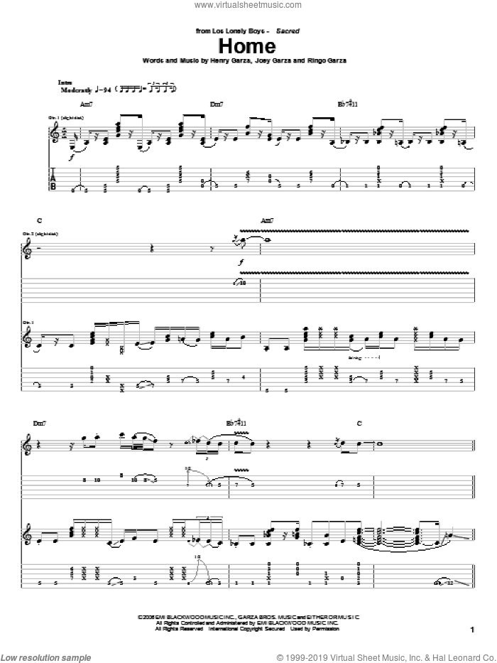 Home sheet music for guitar (tablature) by Los Lonely Boys, Henry Garza, Joey Garza and Ringo Garza, intermediate skill level