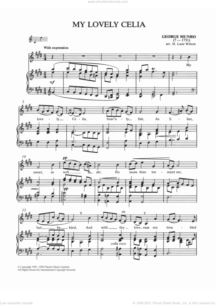 My Lovely Celia sheet music for voice and piano by George Munro and Shirley Leah, classical score, intermediate skill level