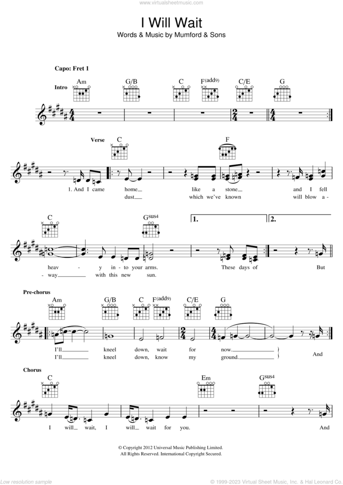 I Will Wait sheet music for voice and other instruments (fake book) by Mumford & Sons and Marcus Mumford, intermediate skill level
