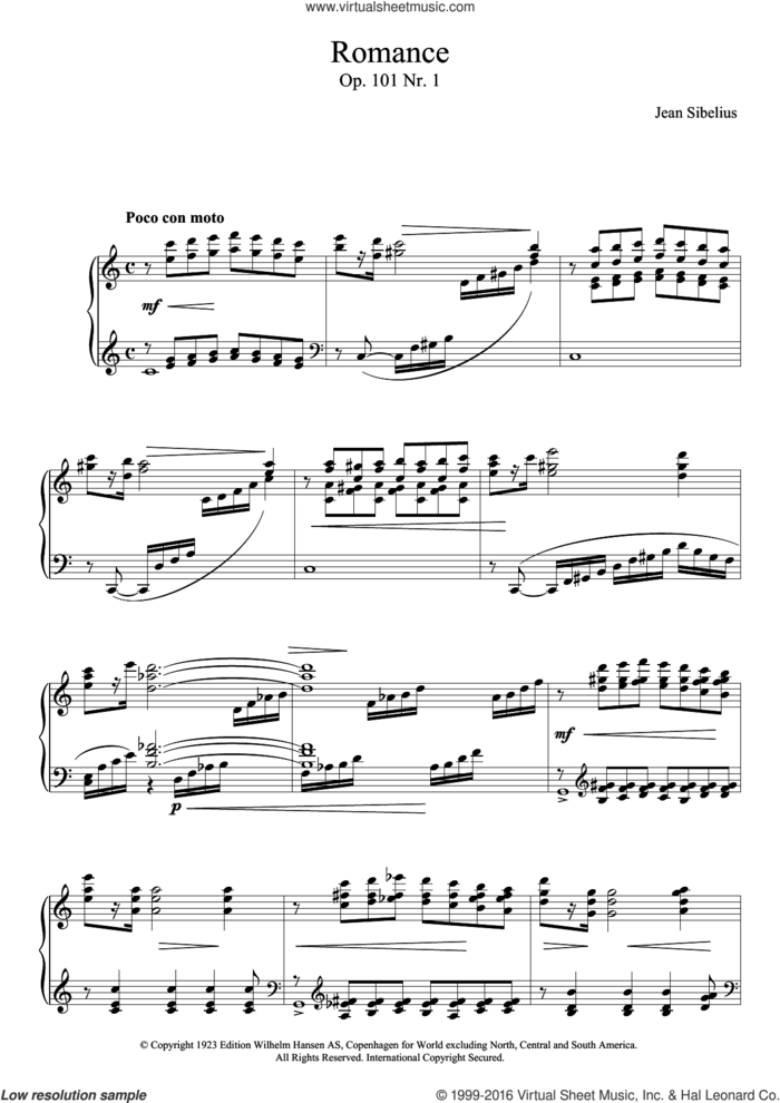 5 Morceaux Romantiques, Op.101 - I. Romance sheet music for piano solo by Jean Sibelius, classical score, intermediate skill level