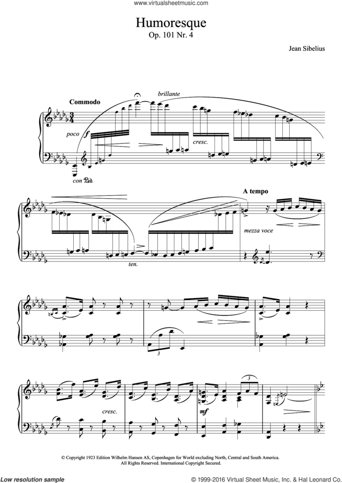 5 Morceaux Romantiques, Op.101 - IV. Humoresque sheet music for piano solo by Jean Sibelius, classical score, intermediate skill level