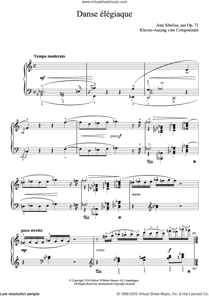 Danse Elegiaque (From Scaramouche, Op.71) sheet music for piano solo by Jean Sibelius, classical score, intermediate skill level