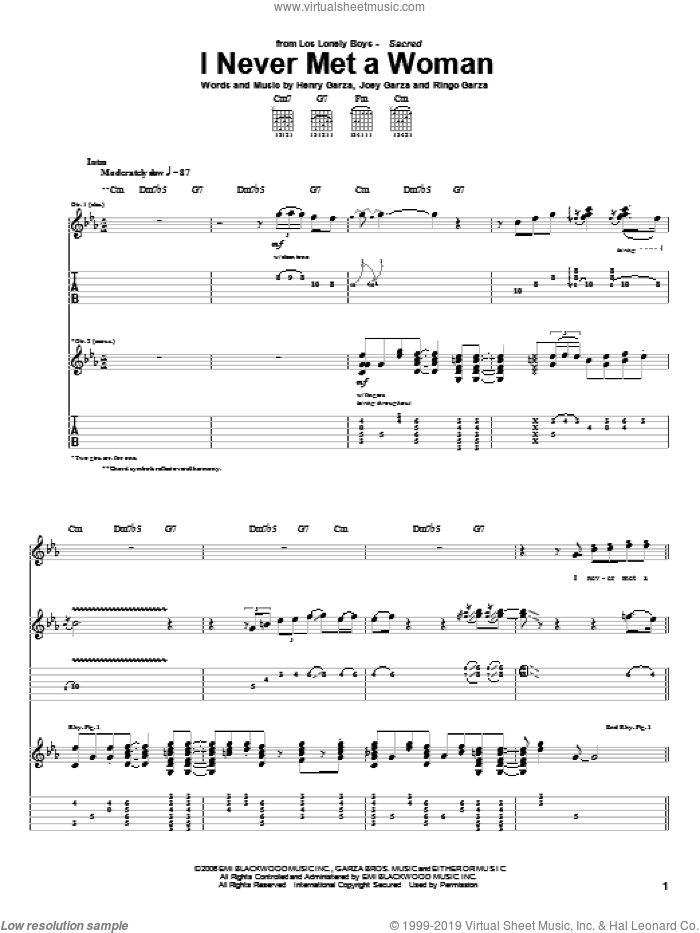 I Never Met A Woman sheet music for guitar (tablature) by Los Lonely Boys, Henry Garza, Joey Garza and Ringo Garza, intermediate skill level