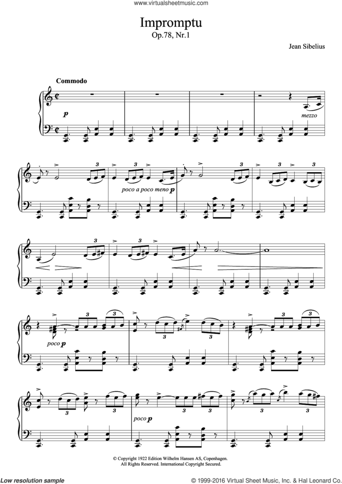 Impromptu, Op.78 No.1 sheet music for piano solo by Jean Sibelius, classical score, intermediate skill level