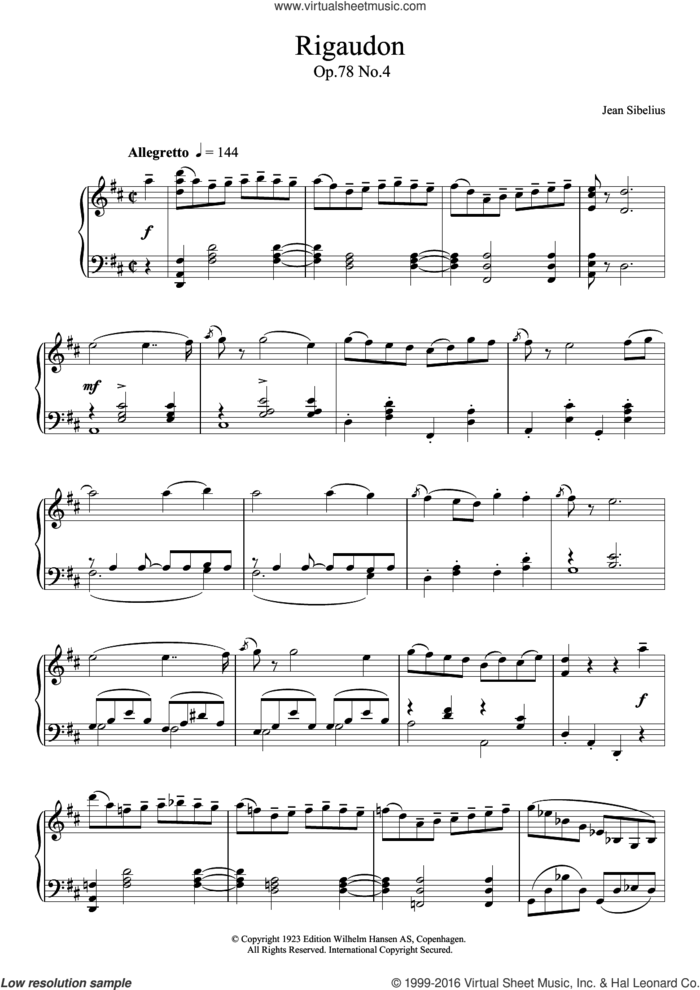 Rigaudon, Op.78 No.4 sheet music for piano solo by Jean Sibelius, classical score, intermediate skill level