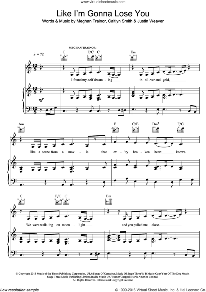 Like I'm Gonna Lose You (featuring John Legend) sheet music for voice, piano or guitar by Meghan Trainor, John Legend, Caitlyn Smith and Justin Weaver, intermediate skill level
