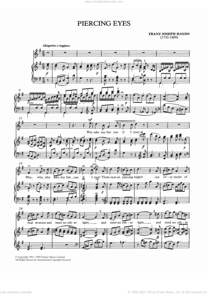Piercing Eyes sheet music for voice and piano by Franz Joseph Haydn and Shirley Leah, classical score, intermediate skill level