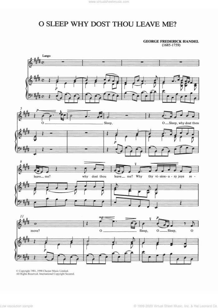 O Sleep Why Dost Thou Leave Me? sheet music for voice and piano by George Frideric Handel and Shirley Leah, classical score, intermediate skill level