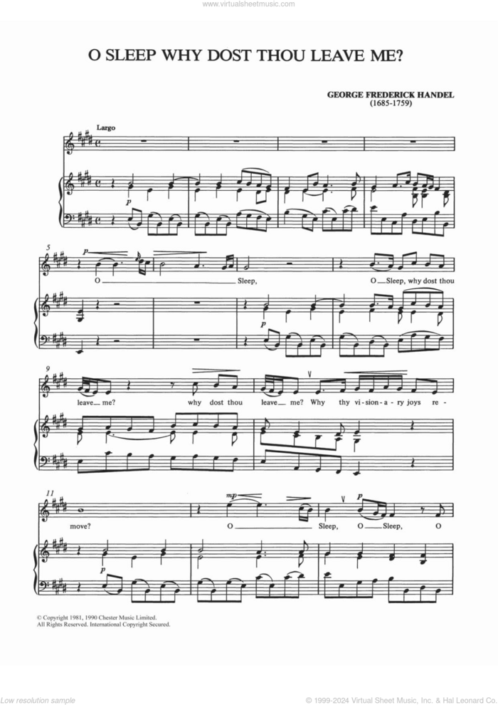 O Sleep Why Dost Thou Leave Me? sheet music for voice and piano by George Frideric Handel and Shirley Leah, classical score, intermediate skill level