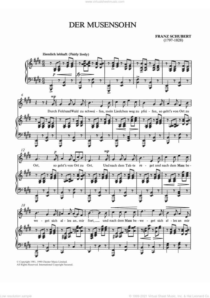 Der Musensohn sheet music for voice and piano by Franz Schubert and Shirley Leah, classical score, intermediate skill level