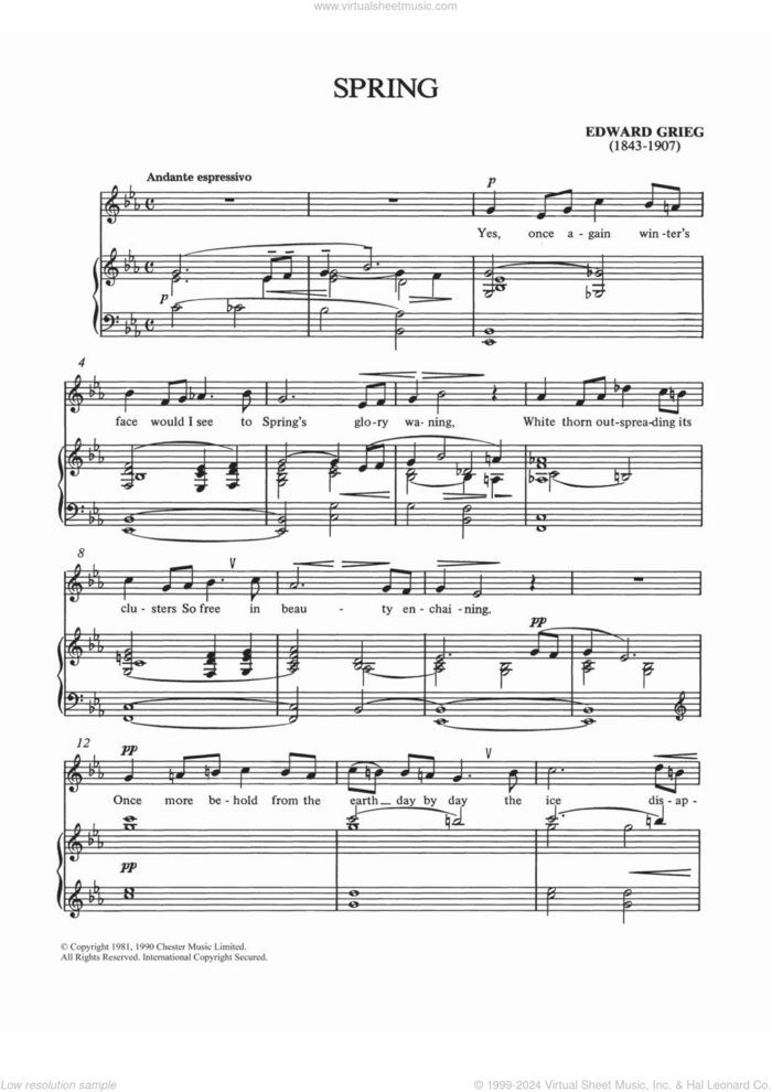 Spring sheet music for voice and piano by Edvard Grieg and Shirley Leah, classical score, intermediate skill level